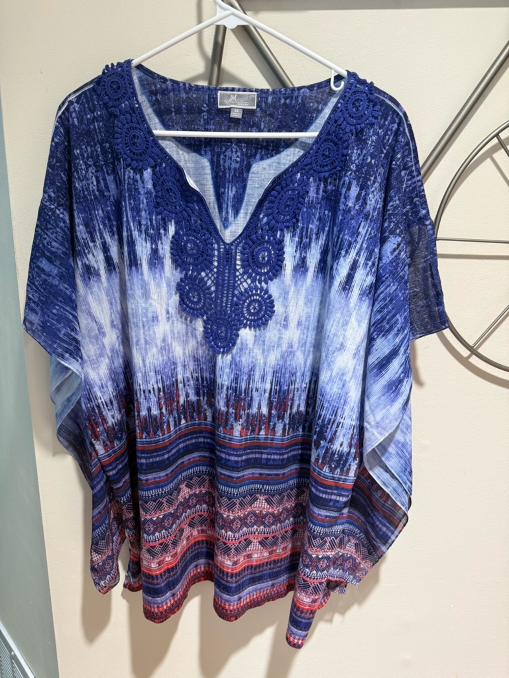 JM Collection Woman Blue Tie-Dye Boho Tunic with Crochet Trim Size 2X